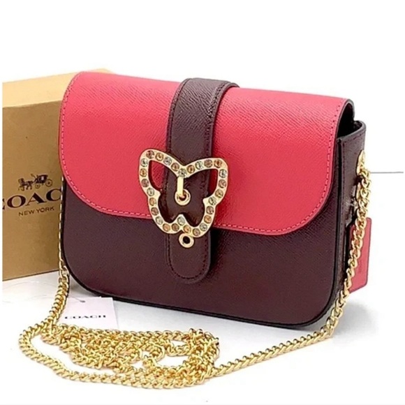 NWT Coach Pink and Maroom Crossbody with Gold Chain - Picture 1 of 7